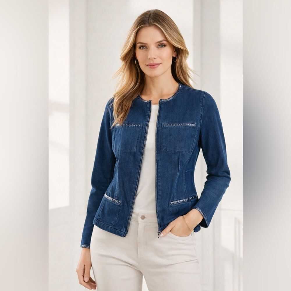 Ralph Lauren LRL Full Zip Denim Jacket Sz 4 Dark Wash Blue Leather Trim NWOT
